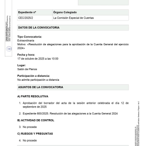 Convocatoria a Pleno sesión extraordinaria, viernes 17 de octubre a las 10:00 h